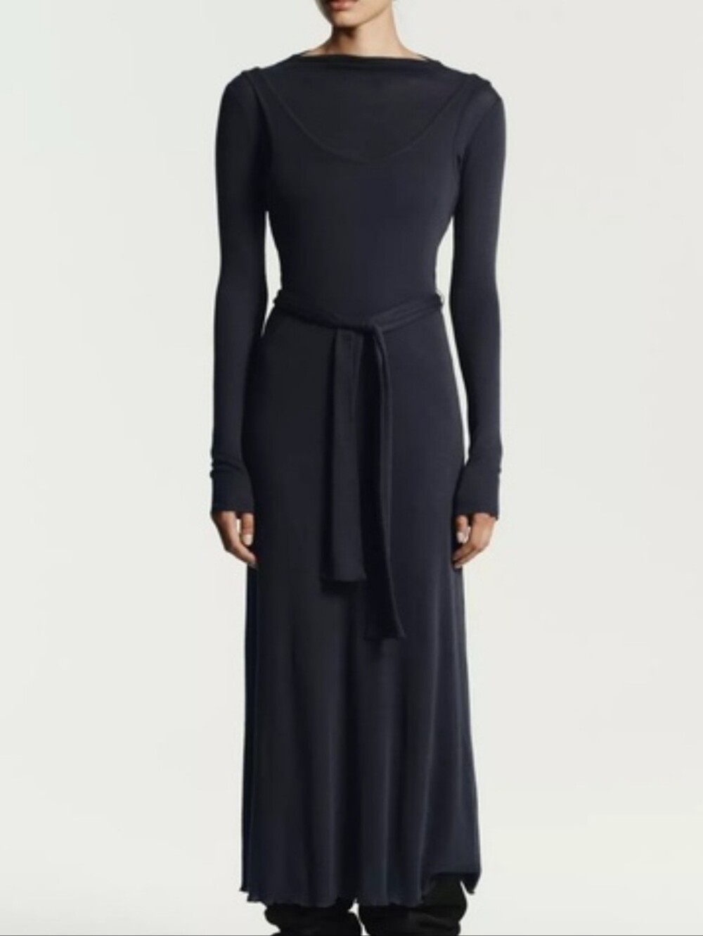 Zara Black Long-Sleeve Tie-Waist Double Layer Maxi Dress